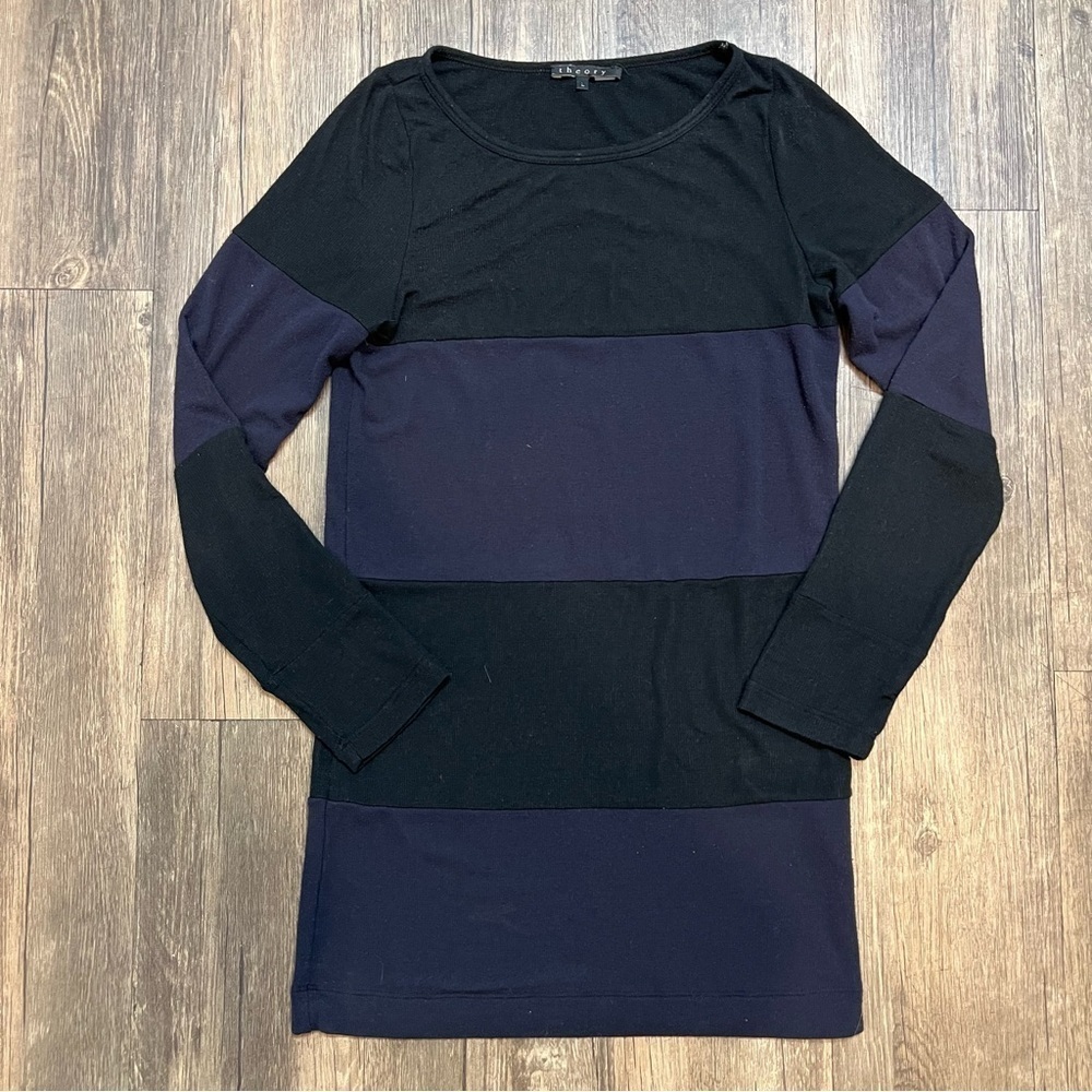Theory 'Bernetta Black Blue Striped Long Sleeve Crew Neck Top Tee Shirt Size L - Picture 4 of 9